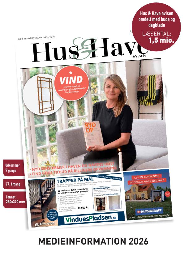 Front cover of Hus & Have Avisen featuring a woman sitting on a sofa holding a book, with a red 'VIND' sticker and a top-right red badge reading 'LÆSETAL: 1,5 mio.'; 'MEDIAINFORMATION 2026' text at the bottom.